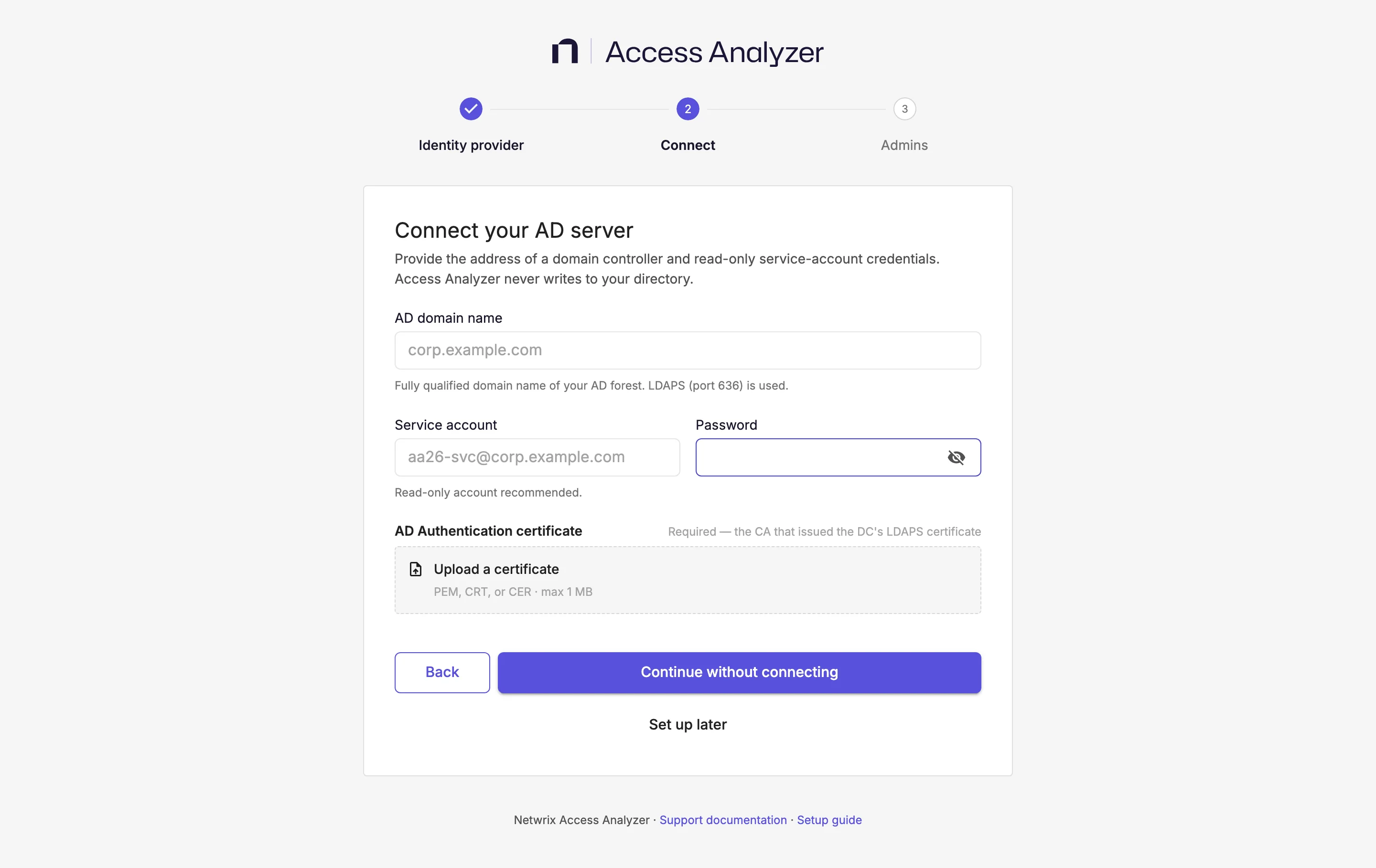 Active Directory connection form in the identity provider setup