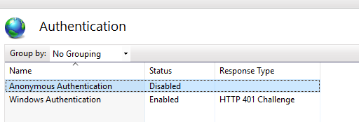 Authentication settings showing Anonymous Authentication disabled and Windows Authentication enabled