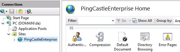 IIS Manager with PingCastleEnterprise site selected and Authentication icon visible