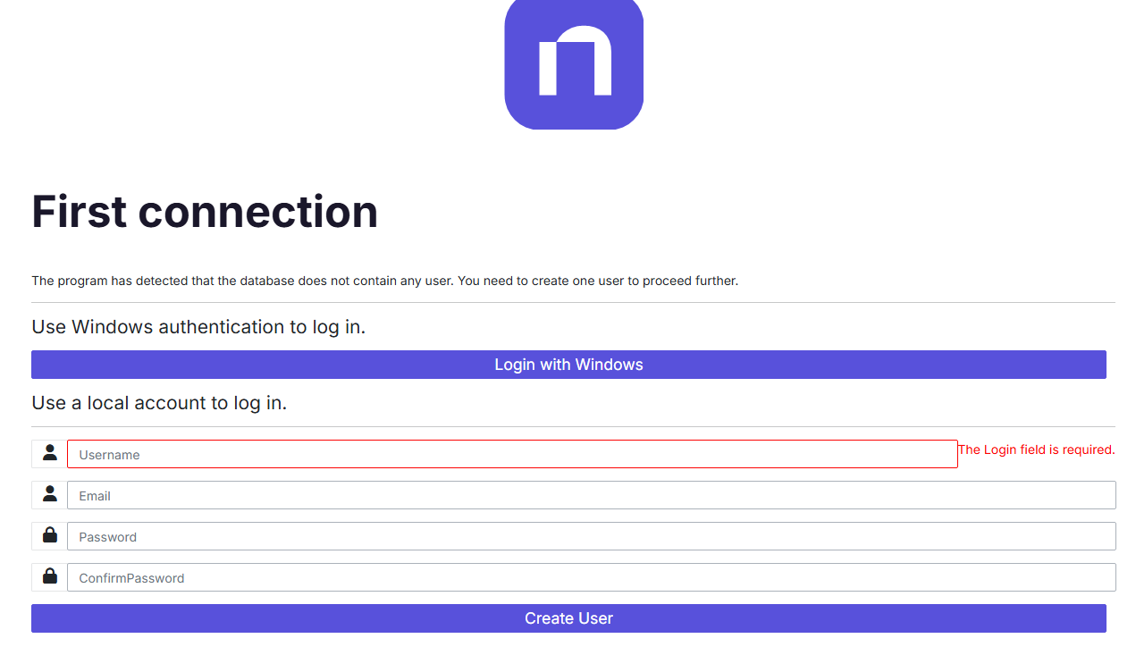 First user creation screen