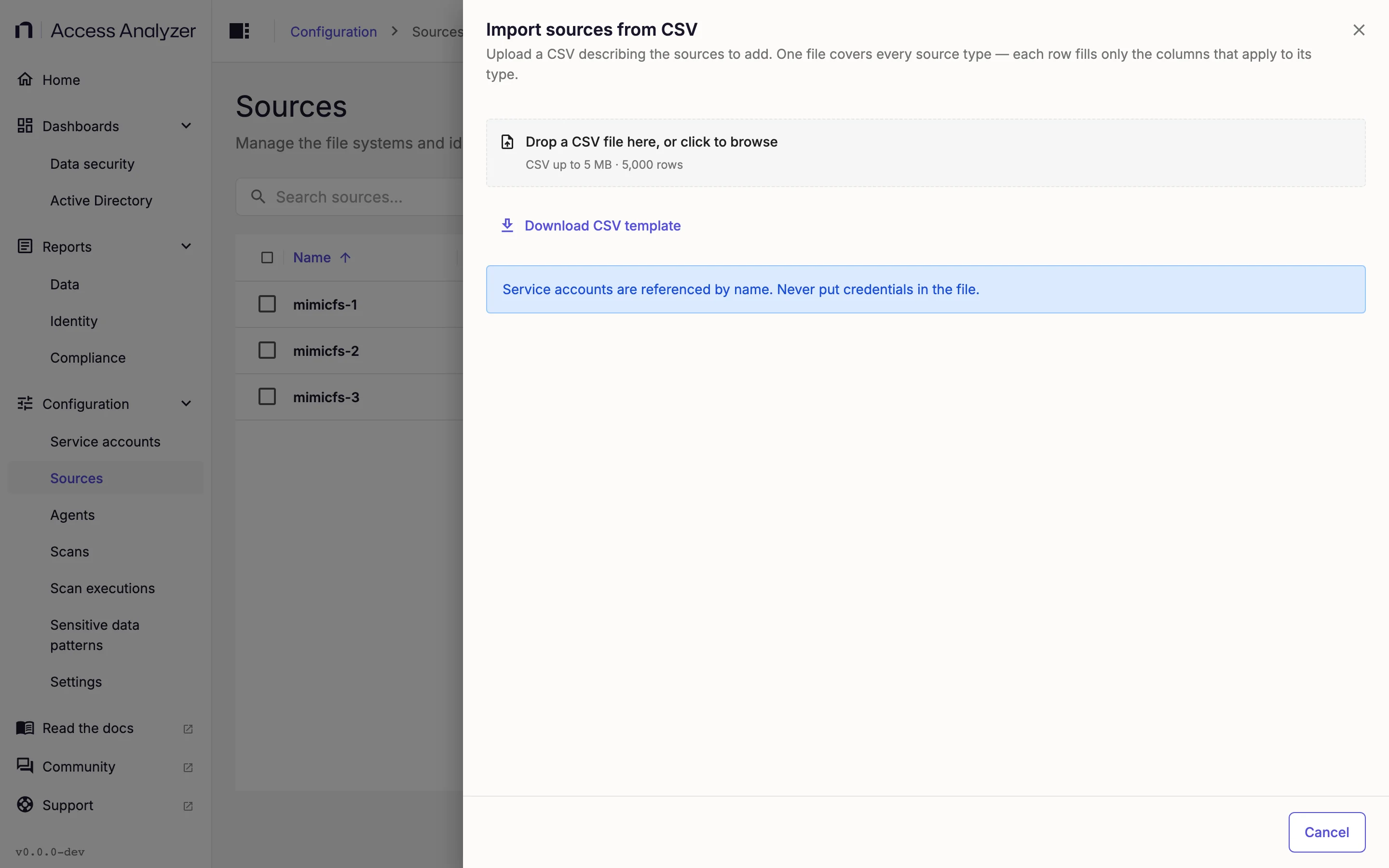 Import CSV dialog for bulk-adding sources