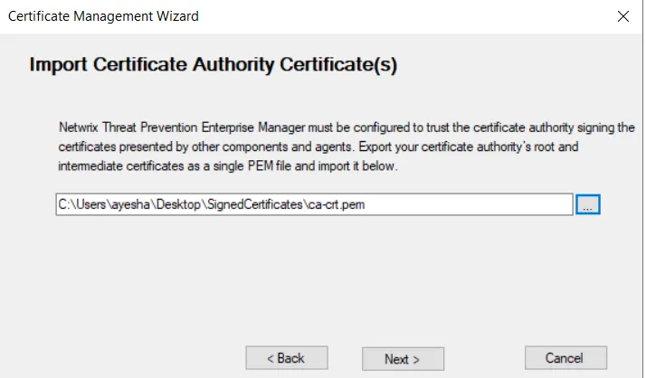 Certificate Management Wizard - Import Certificate Authority Certificate(s) page