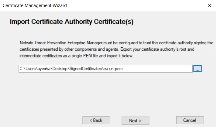 Certificate Management Wizard - Import Certificate Authority Certificate(s) page