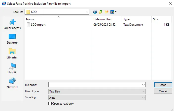 Select False Positive Exclusion Filter file to import window