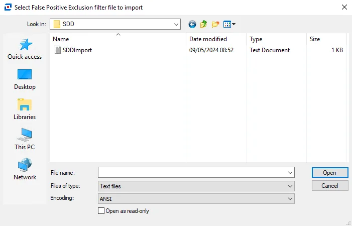Select False Positive Exclusion Filter file to import window
