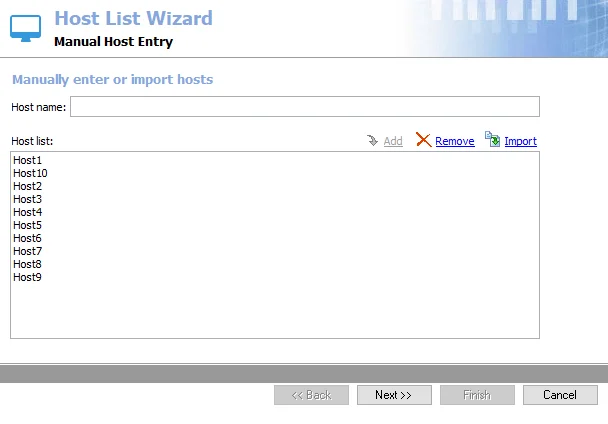 Imported hosts added in the Host list box on the Manual Host Entry page of the Host List Wizard