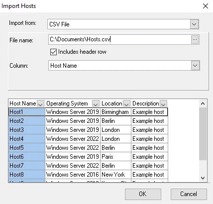 Import Hosts window for importing from CSV File