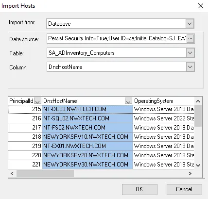 Import Hosts window for importing from Database