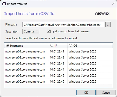 Import Hosts from a CSV File window