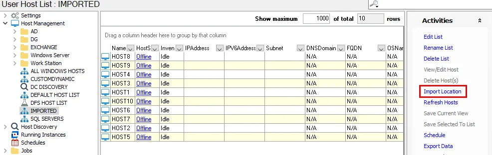 Import Location option on Activities pane