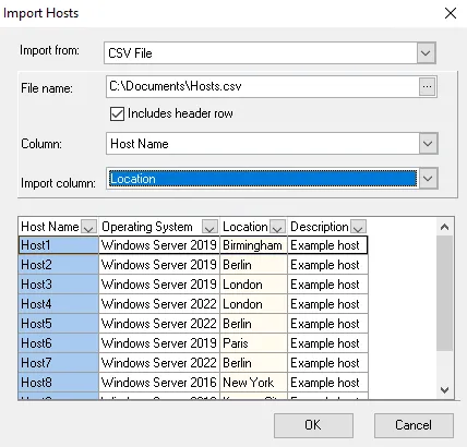 Import Hosts window Location column selection