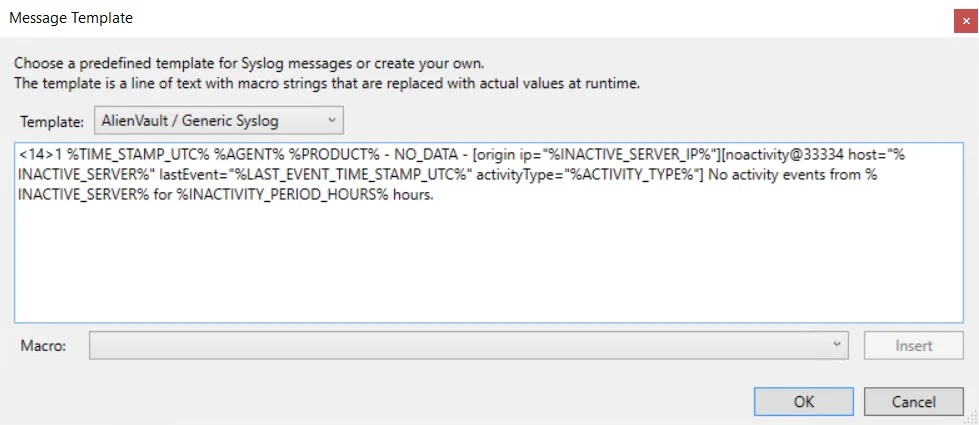 Message Template popup window for Syslog Alerts