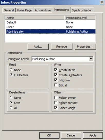 Inbox Properties window