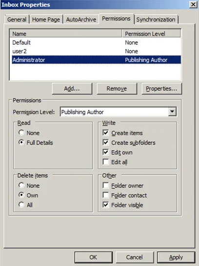 Inbox Properties window