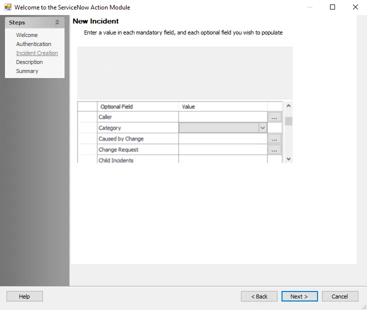 ServiceNow Action Module wizard New Incident page
