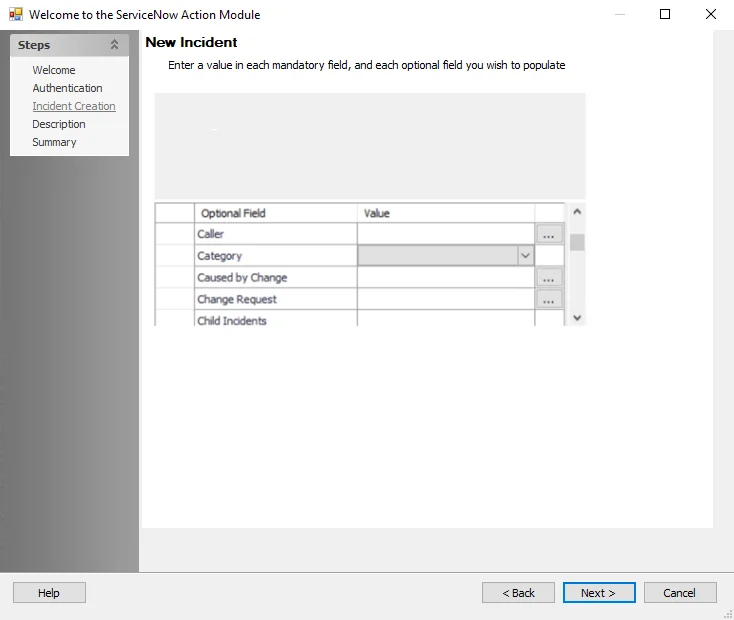 ServiceNow Action Module wizard New Incident page
