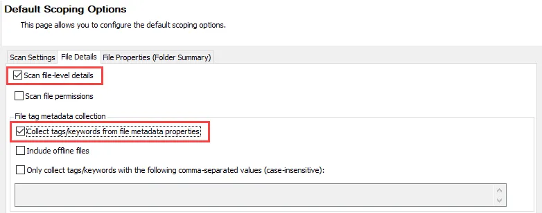 Options to select on File Details tab