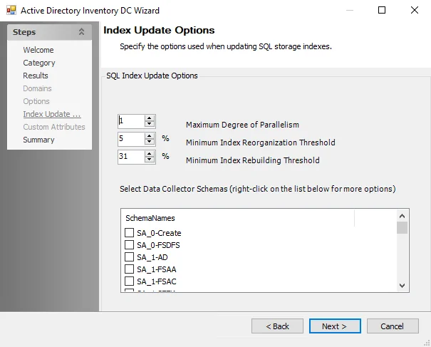 Active Directory Inventory DC Wizard Index Update Options page