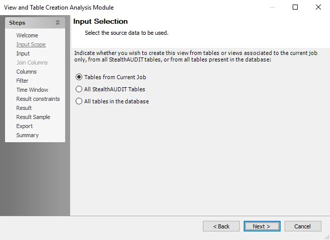 View and Table Creation Analysis Module wizard Input Selection page