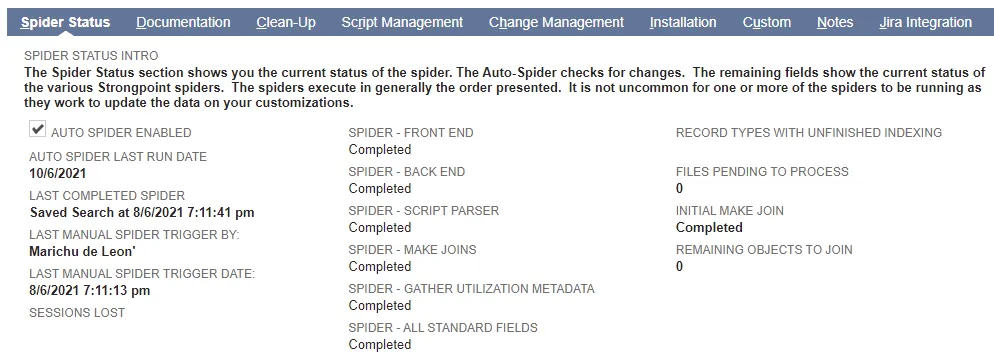 Review the Spider Status tab of the Installation Settings