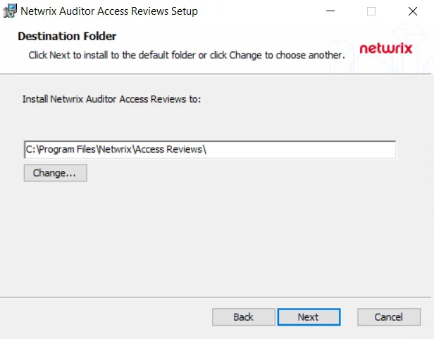 Netwrix Auditor Access Reviews Setup wizard Destination Folder page