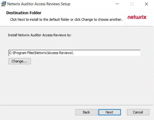 Netwrix Auditor Access Reviews Setup wizard Destination Folder page