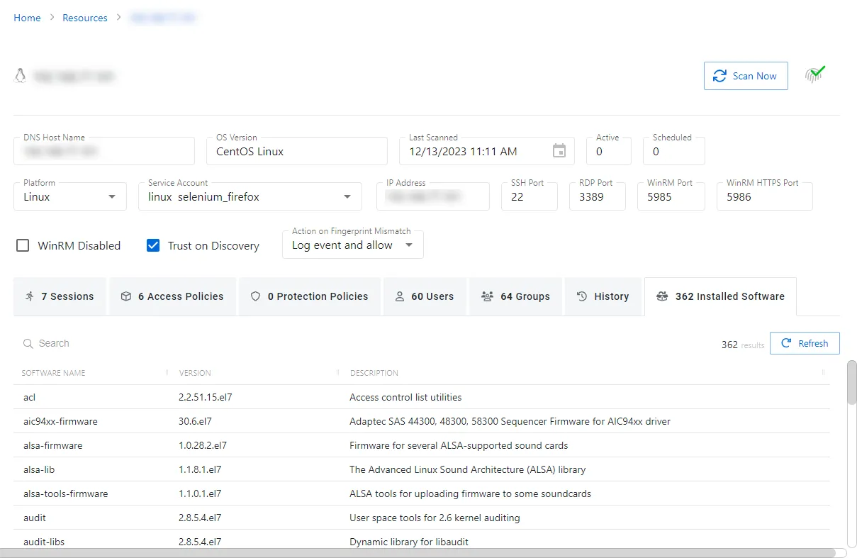 Installed Software Tab for Host Resource