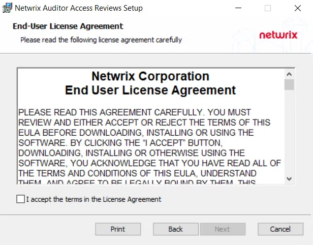 Netwrix Auditor Access Reviews Setup wizard End-User License Agreement page