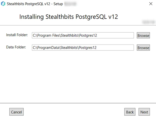 Stealthbits PostgreSQL v12 Setup Wizard on the Install and Data Folder page