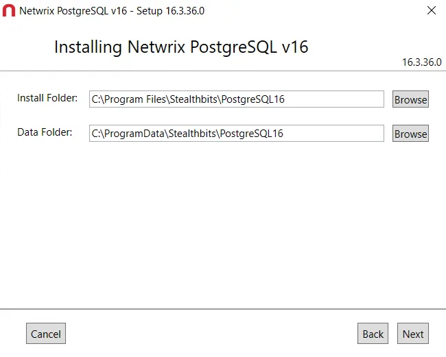 Stealthbits PostgreSQL v12 Setup Wizard on the Install and Data Folder page