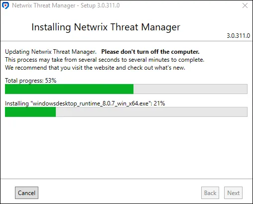 Threat Manager Installation Progress page