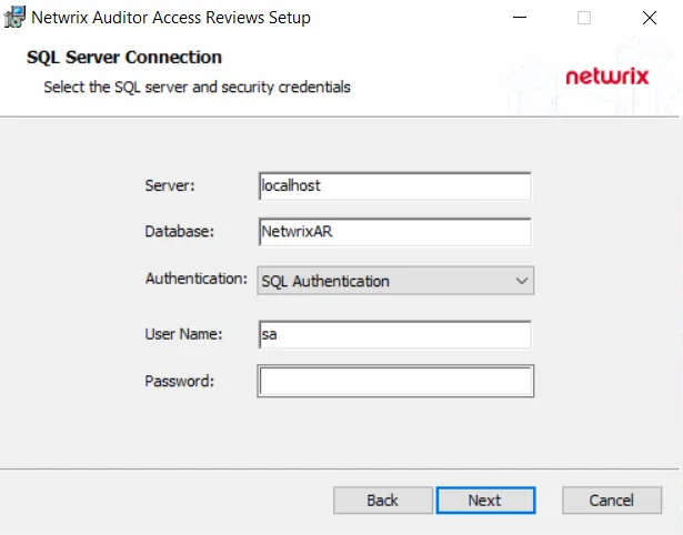 Netwrix Auditor Access Reviews Setup wizard SQL Server Connection page