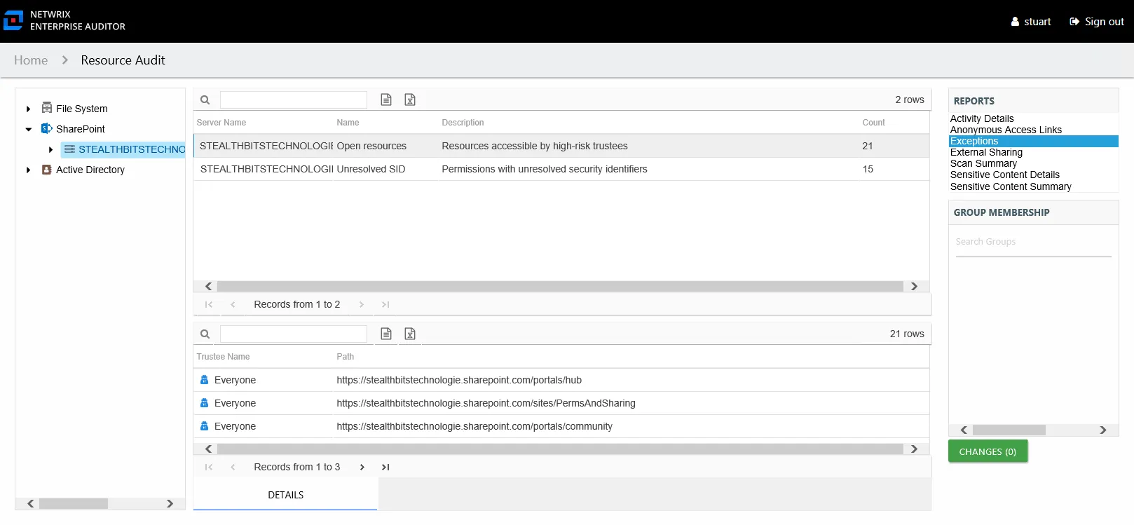 Exceptions report at the on-premise farm and online instance levels