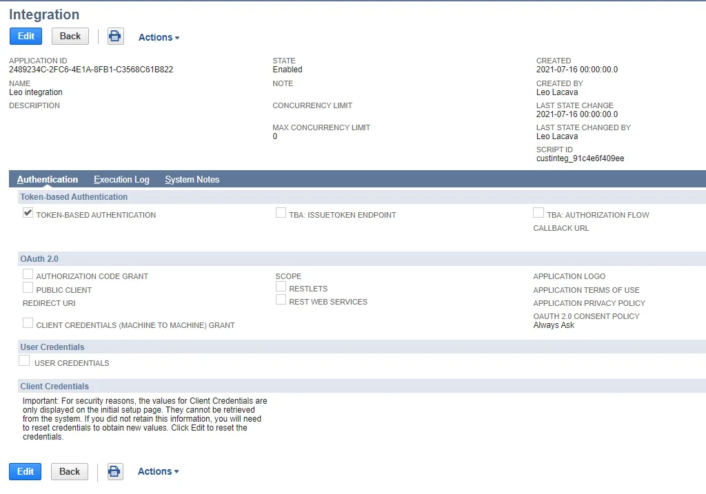 Integration record example