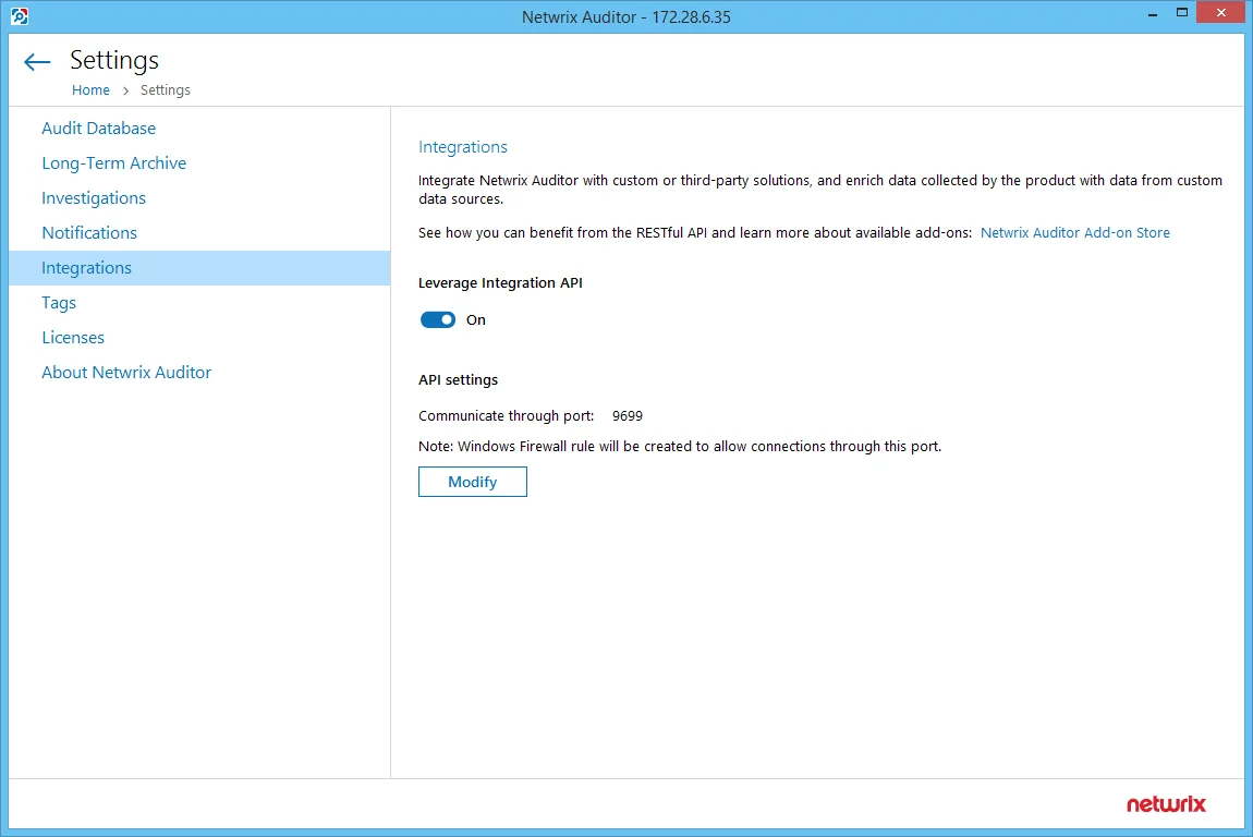 Integration API Settings