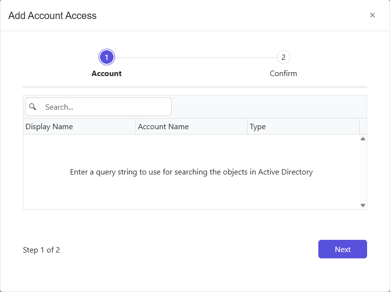 Add Account Access wizard - Account page