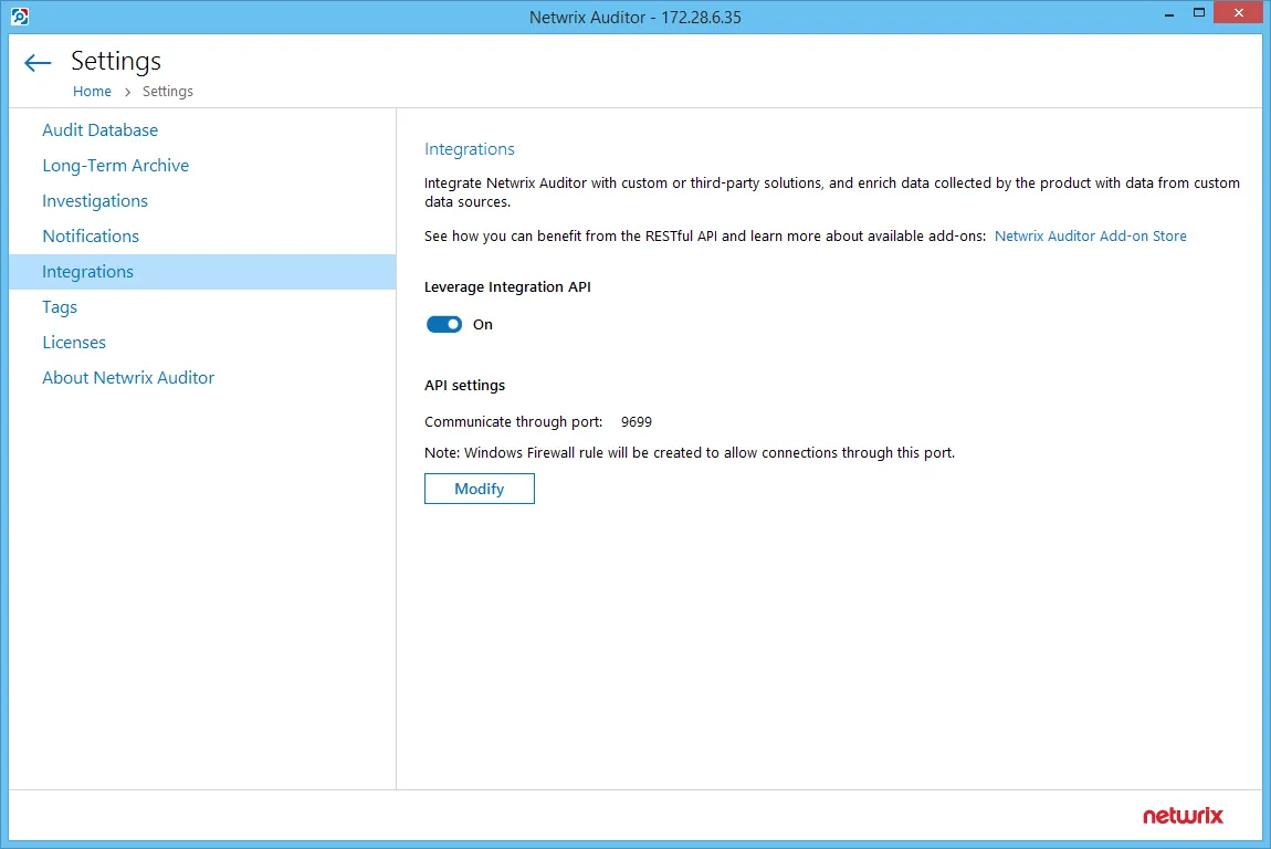Integration API Settings