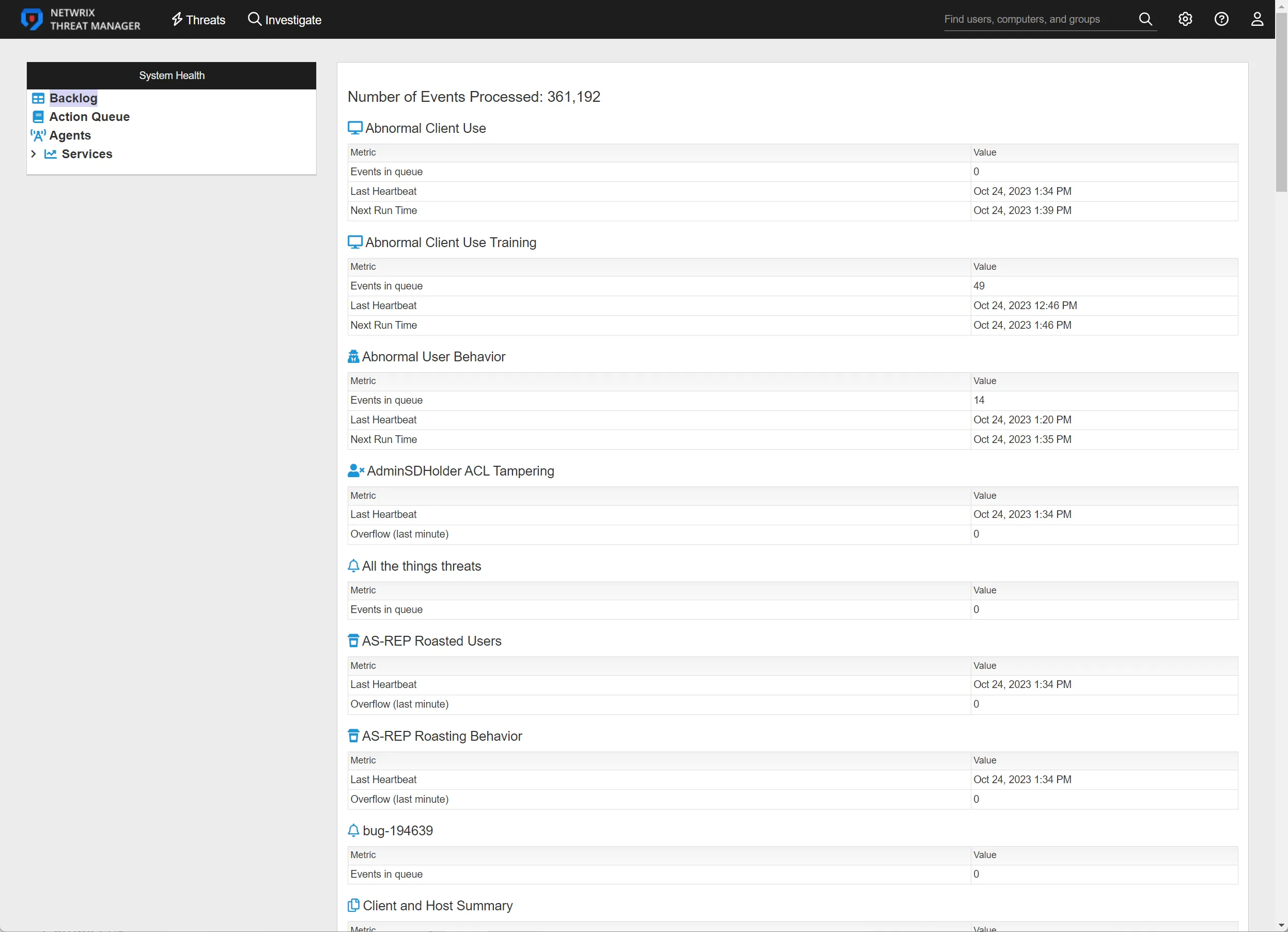 System Health interface