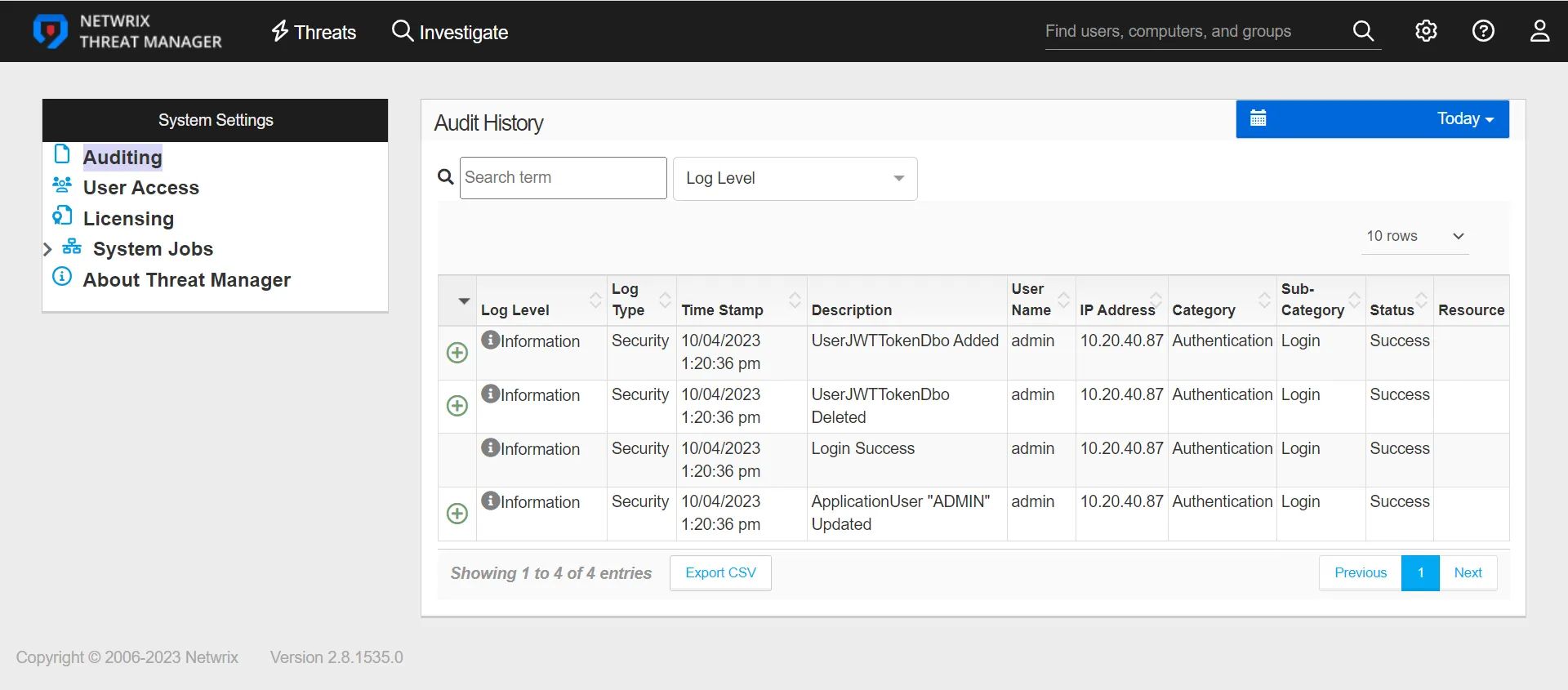 System Settings interface showing the Auditing page