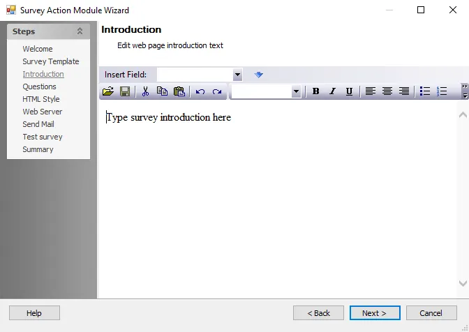 Survey Action Module Wizard Introduction Page