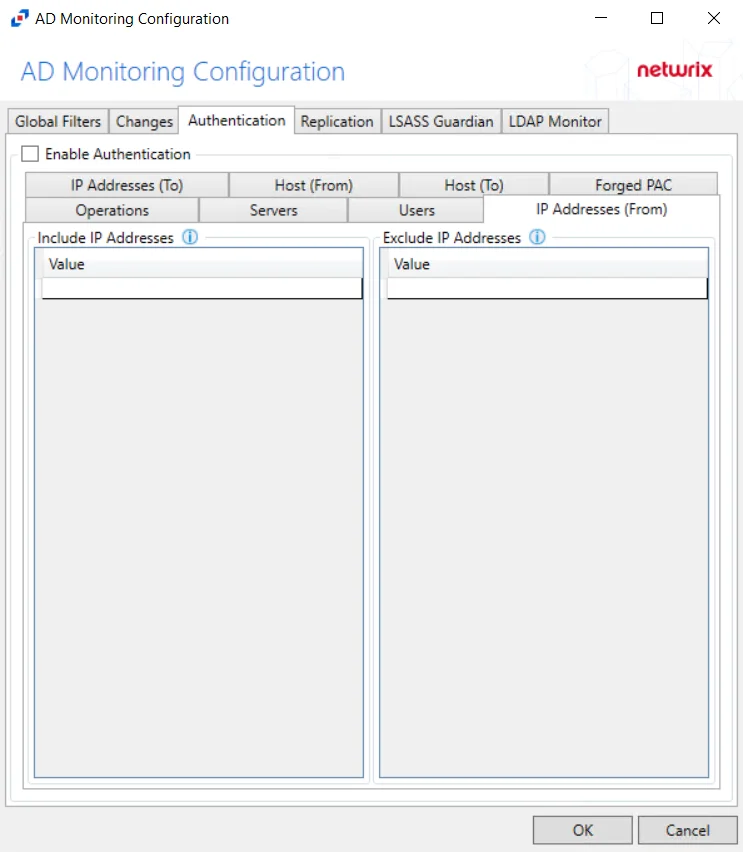 IP Addresses (From) Tab in the Authenticatoin Tab