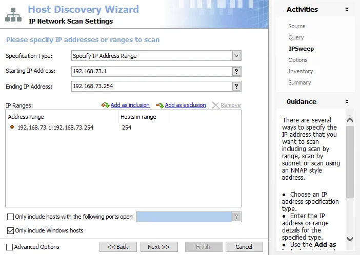 Host Discovey Wizard IPSweep page