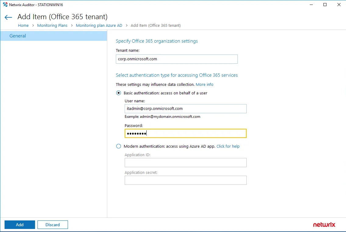 Add Office 365 Item window