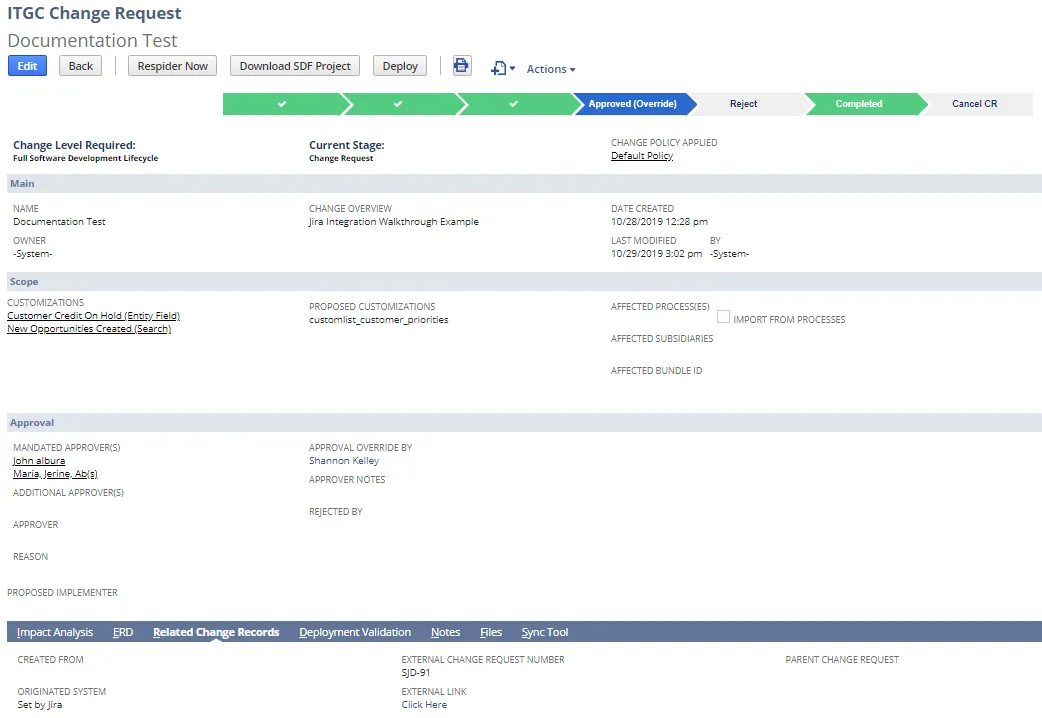 The completed change request