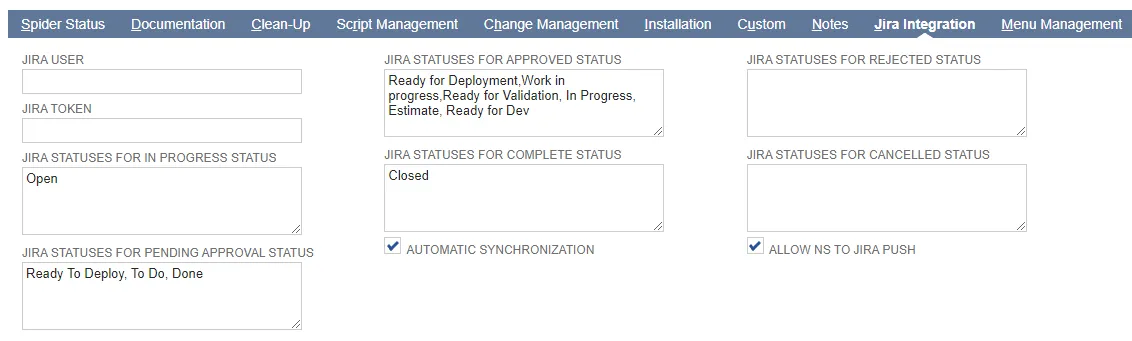 Jira Integration settings with mapped statues