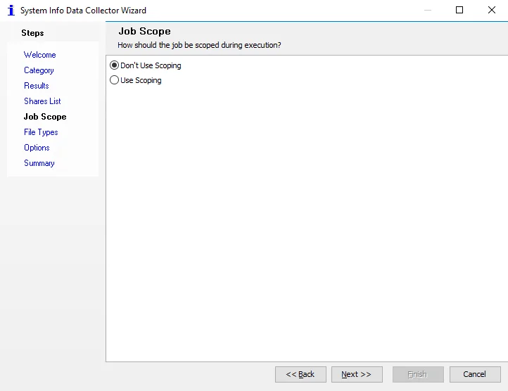 System Info Data Collector Wizard Job Scope page
