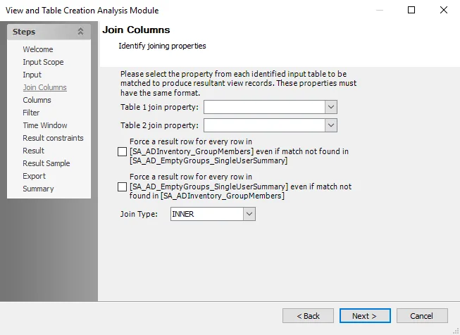 View and Table Creation Analysis Module wizard Join Columns page
