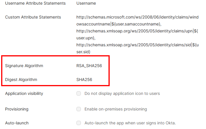Okta Application Settings page showing the Signature Algorithm section with SHA1 selected
