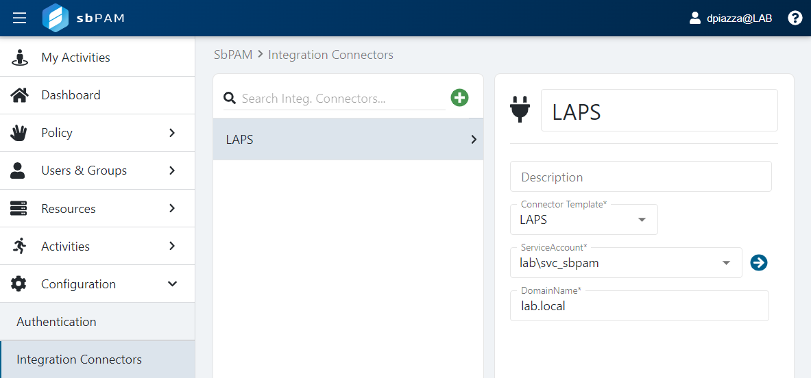 Screenshot demonstrating LAPS connector configuration in SbPAM's web application interface.