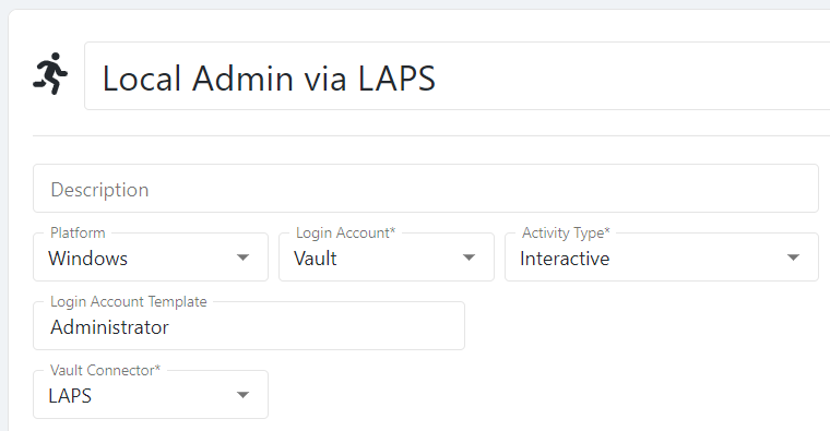 Screenshot demonstrating an SbPAM activity definition that's configured to use a LAPS connector.